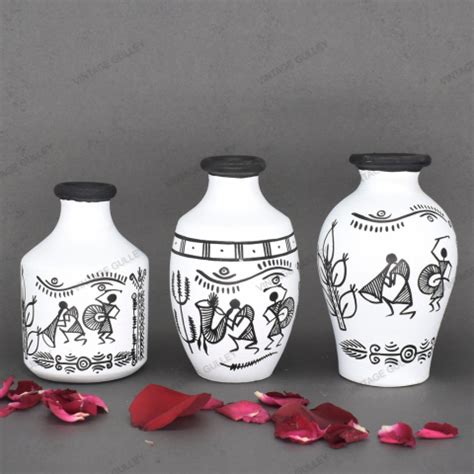 White Warli Hand Painted Terracotta Pot - Set of 3 | Garuda Life