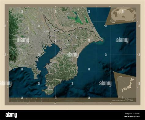 Chiba, prefecture of Japan. High resolution satellite map. Locations and names of major cities ...