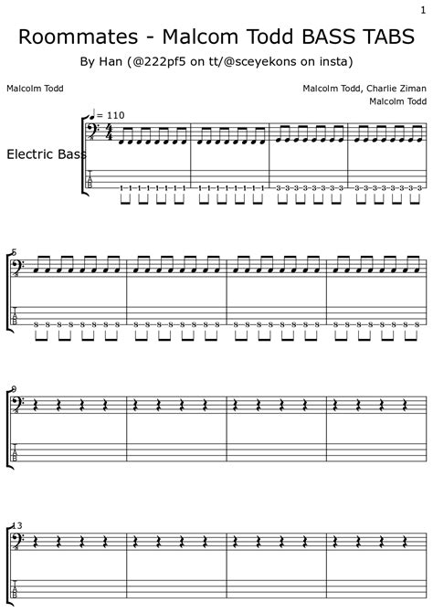 Roommates - Malcom Todd BASS TABS - Sheet music for Electric Bass