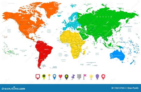 Detailed Vector World Map with Colorful Continents and Flat Map Stock ...