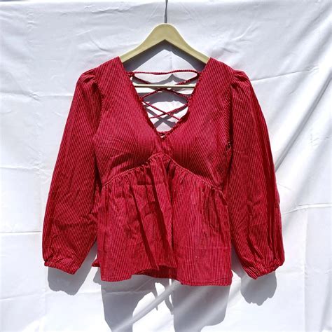 Red Katha Deep V Neck Full Sleeves Criss Cross Cotton Top - KJ0080 ...