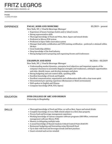 Food And Beverage Manager Resume