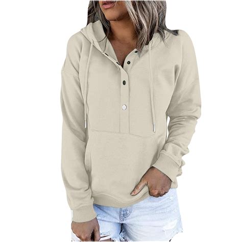 Hoodies for Women Button V Neck Plain Sweatshirts Autumn Winter Solid ...