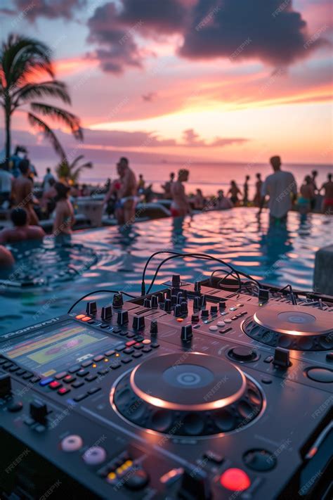 Premium Photo | A DJ set up in a pool party with people in the background