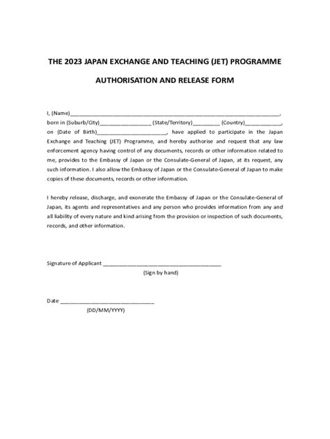 Fillable Online The 2023 JET Programme Authorisation and Release Form ...