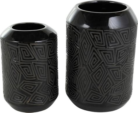 Deco 79 Set of 2 Black Ceramic Vases with Geometric Etchings India | Ubuy