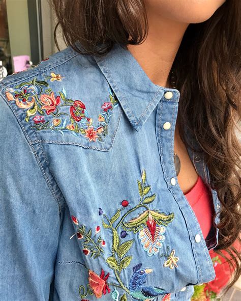 Stretchy denim embroidered fitted shirt with snap buttons a spring fav ...