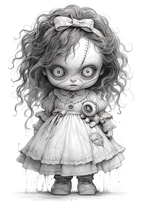 Halloween Coloring Pages of Creepy Dolls in Grayscale Coloring. Horror ...