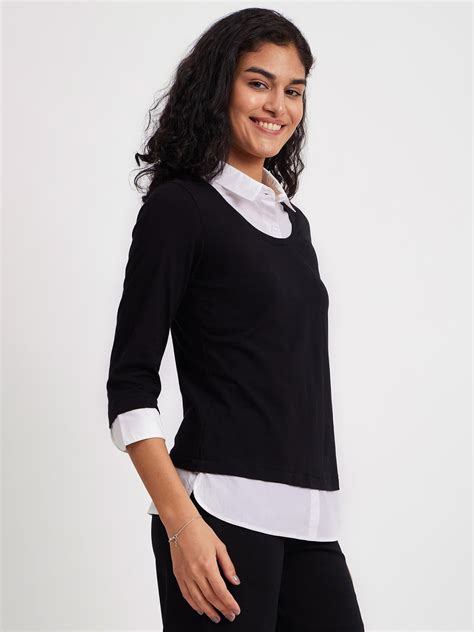 Buy Black And White Cotton Colour Block Tee Online | FableStreet