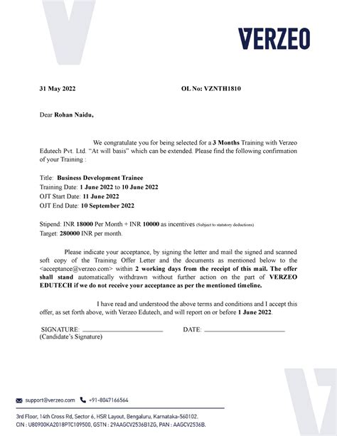 Verzeo Offer Letter - Rohan Naidu - 31 May 2022 OL No: VZNTH Dear Rohan ...
