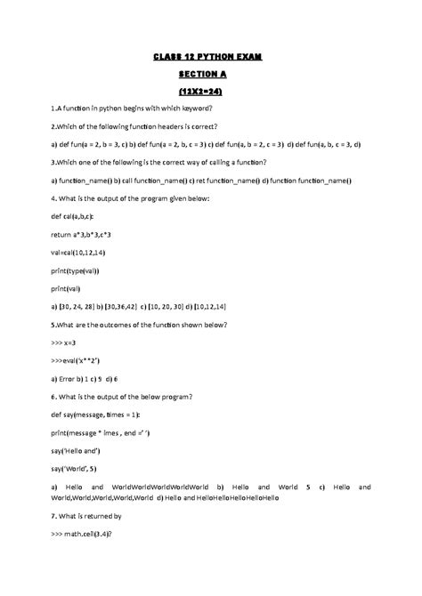 Class 12 Python EXAM 2 - question - CLASS 12 PYTHON EXAM SECTION A ( 12 ...