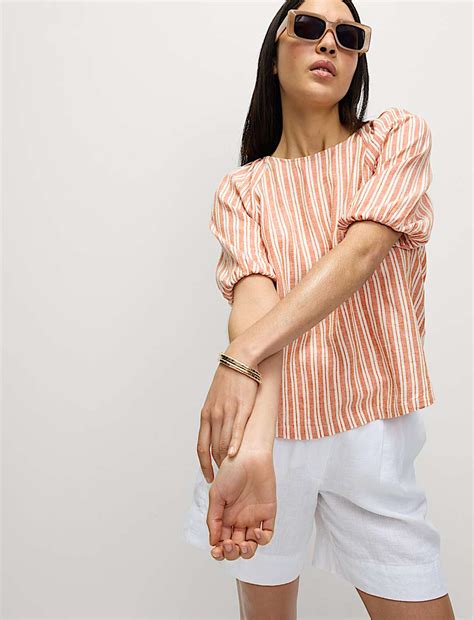 Buy Linen Rich Striped Puff Sleeve Blouse at Marks & Spencer