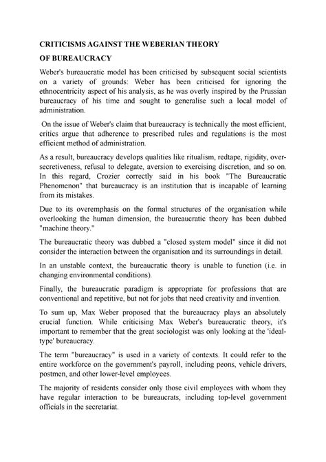 Criticisms Against THE Weberian Theory - CRITICISMS AGAINST THE ...