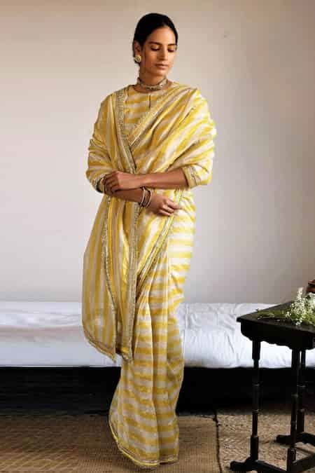 Buy Yellow Handloom Cotton Zari Tissue Stripe Pattern Saree For Women ...