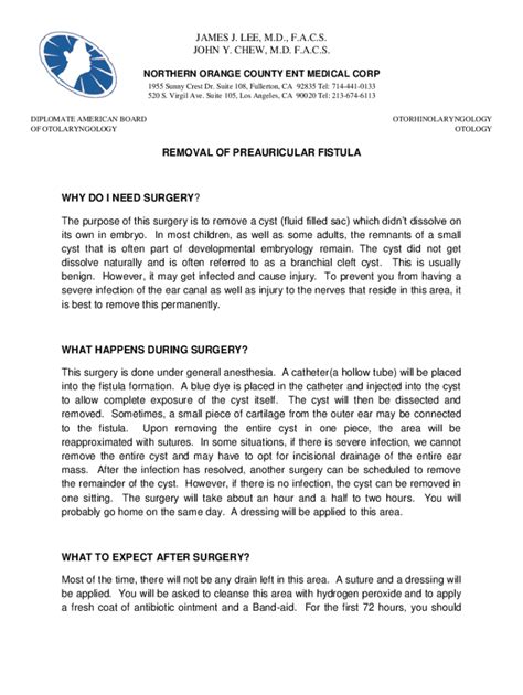 Fillable Online REMOVAL OF PREAURICULAR FISTULA WHY DO I NEED SURGERY ...