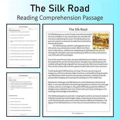 The Silk Road | Reading Comprehension Passage Printable Worksheet ...