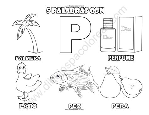 Cinco Palabras con la letra P dibujo a color y para colorear