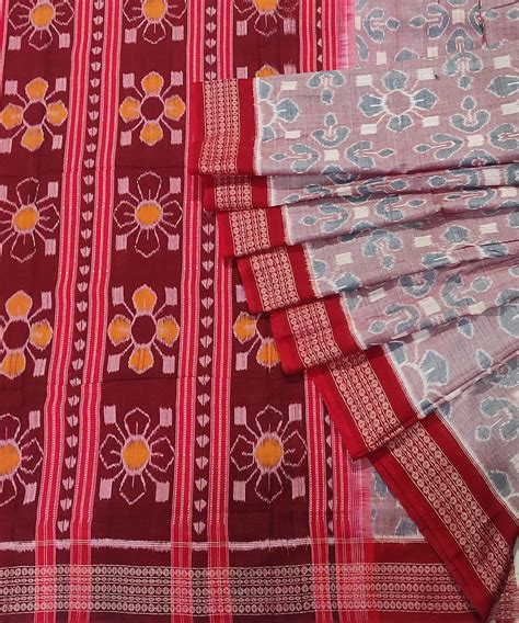 Grey red handwoven cotton sambalpuri saree – GoSwadeshi