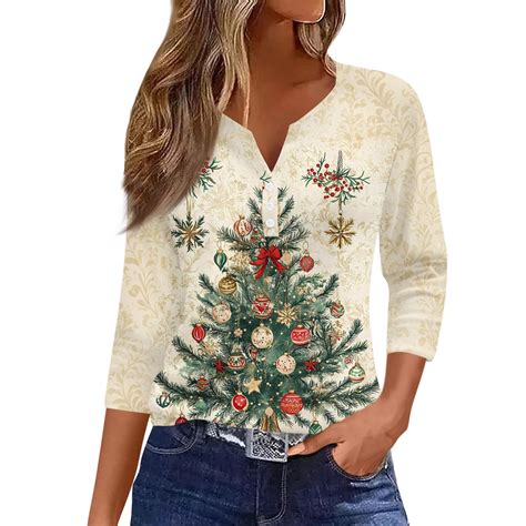 ASDFVBKG Christmas Blouses for Women Henley Christmas Tree Printed ...