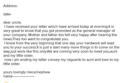 write a letter to your uncle congratulating him on becoming General ...
