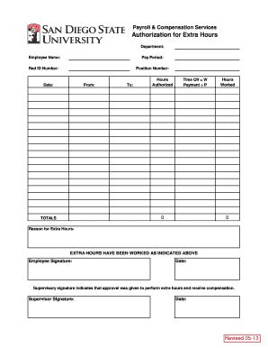 Fillable Online hr sdsu Authorization for Extra Hours (Overtime Form ...
