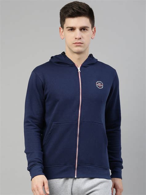 Men's Dark BlueFront Open Hoodie Sweatshirt with Zipper and Branding D ...