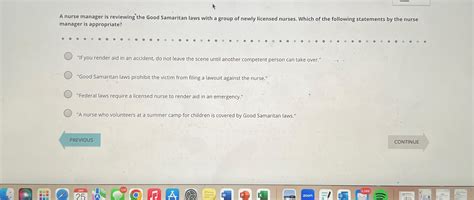 Solved A nurse manager is reviewing the Good Samaritan laws | Chegg.com