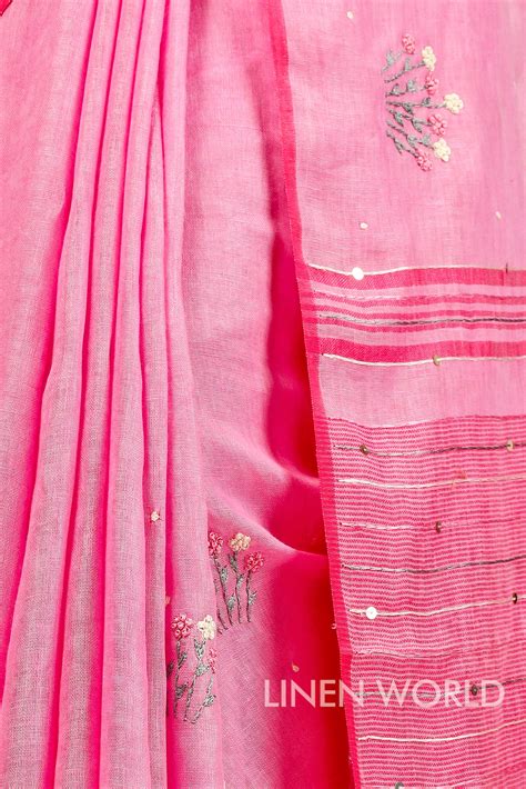 Naisha - French Knot Hand Embroidered Linen Sari | Linen World
