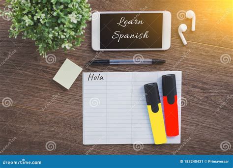 Learn Spanish Inscription, Smartphone, Wireless Headphones, Notepad ...