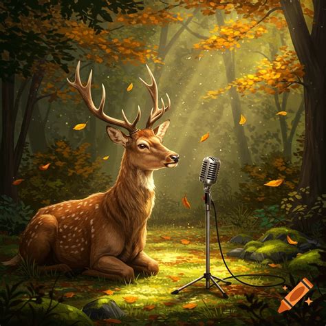 A deer sits in a sunlit autumnal forest, looking towards a vintage ...