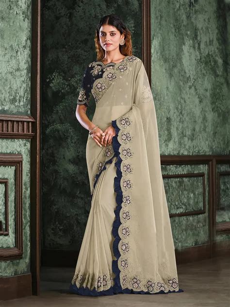 Off-White Zari Organza Saree with Navy Blue Raw Silk Blouse - VJV Now ...