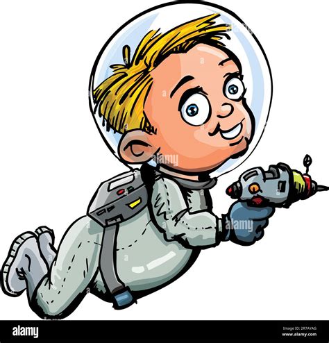 Cute cartoon of spaceman with a lazer gun. He is in a spacesuit Stock ...
