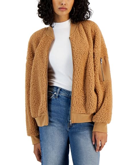 Hippie Rose Juniors' Sherpa Fleece Bomber Jacket - Winter White | Smart ...