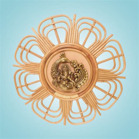 Brass Ganesh Wall Art 19.25" - Peacock Style in Bamboo Frame