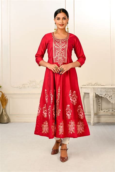 Elegant Cotton Hand-print Red Embroidery Kurtis – jivora