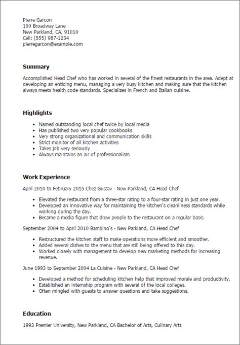 Professional Head Chef Resume Example | MyPerfectResume