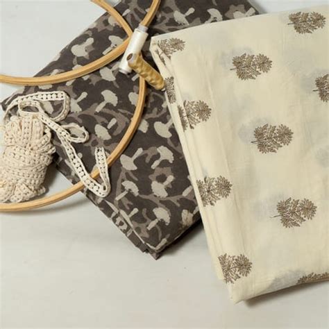 Cream Color Cotton Embroidered Fabric with Lace and Brown Color Cotton ...