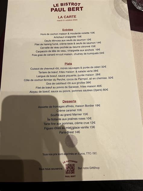 Menu au Bistrot Paul Bert restaurant, Paris