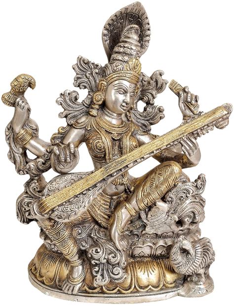 Buy Exotic India Goddess Saraswati - Brass Statue - Color Gold Silver ...