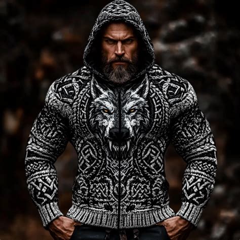 Dravoks Men's Viking Wolf Jacquard Celtic Chunky Knit Zip-up Hooded Sweater