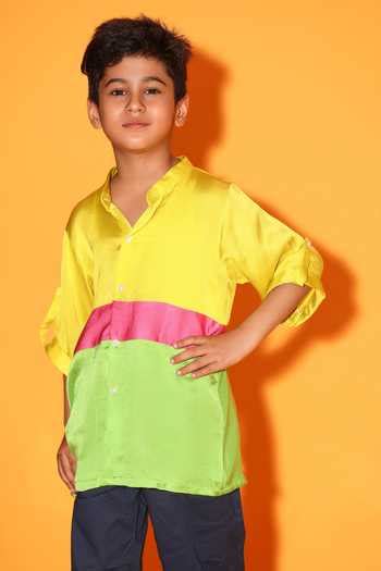 Buy Multi Color Viscose, Satin Front Buttoned Band Collar Shirt For ...