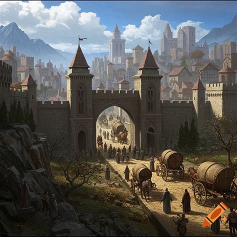 A medieval town gate with people and caravans entering and leaving ...