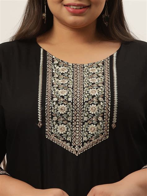 Black Embroidered Kurta Plus Size Women - Yufta Store