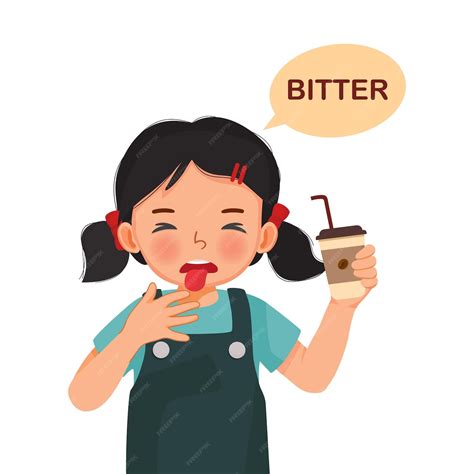 Premium Vector | Cute little girl holding coffee paper cup showing bitter taste of tongue five ...