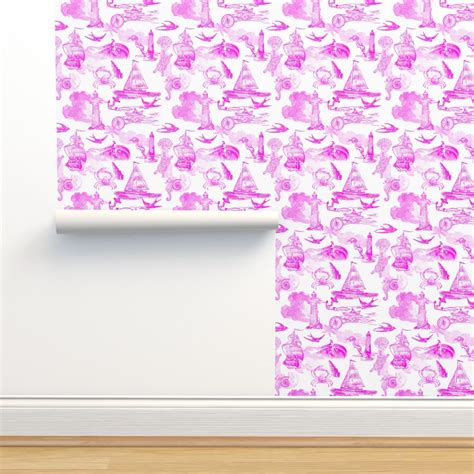 Preppy Nautical Toile in Hot Pink - Wallpaper | Spoonflower