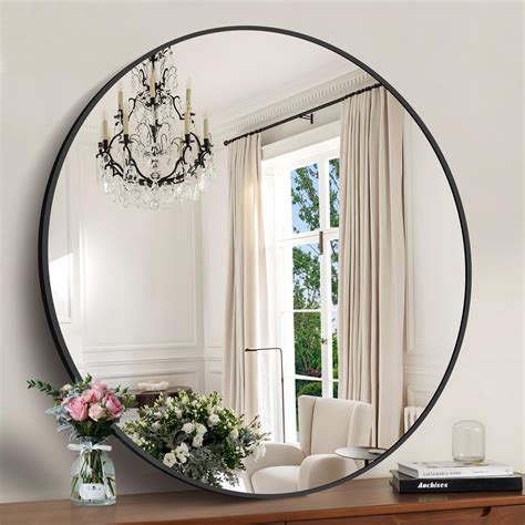 Black 39-Inch Round Mirror - Wall Mounted Aluminum Alloy Metal Frame ...