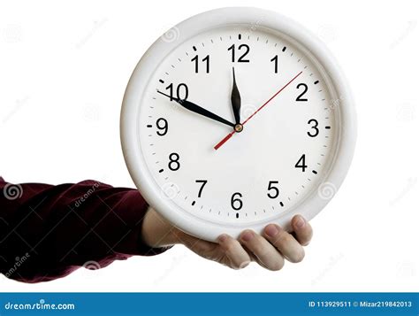 Big Round Clock Face in the Man`s Hand on a White Background Stock ...