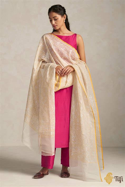 Off-White Pure Cotton Real Zari Banarasi Handloom Jamdani Dupatta - Tilfi