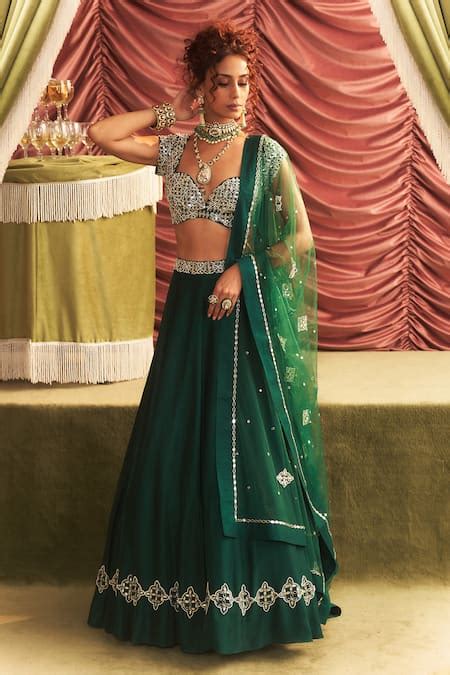 Buy Emerald Green Net, Georgette, Silk, Satin Simran Placement Lehenga ...