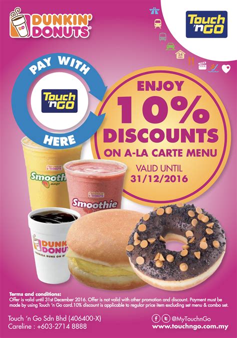 Dunkin' Donuts 10% Discount (A-la Carte) When You Pay with Touch ‘n Go Card Until 31 December 2016